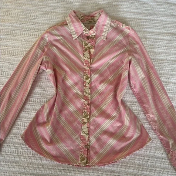 Pink Striped Button-Up Shirt with Floral Placket - Picture 1 of 4